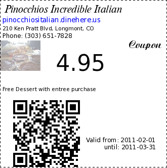 Pinocchios Incredible Italian coupon : Free Dessert with entree purchasenot valid with any other special