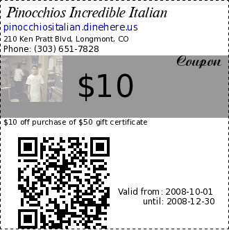 Pinocchios Incredible Italian coupon : $10 off purchase of $50 gift certificatenone